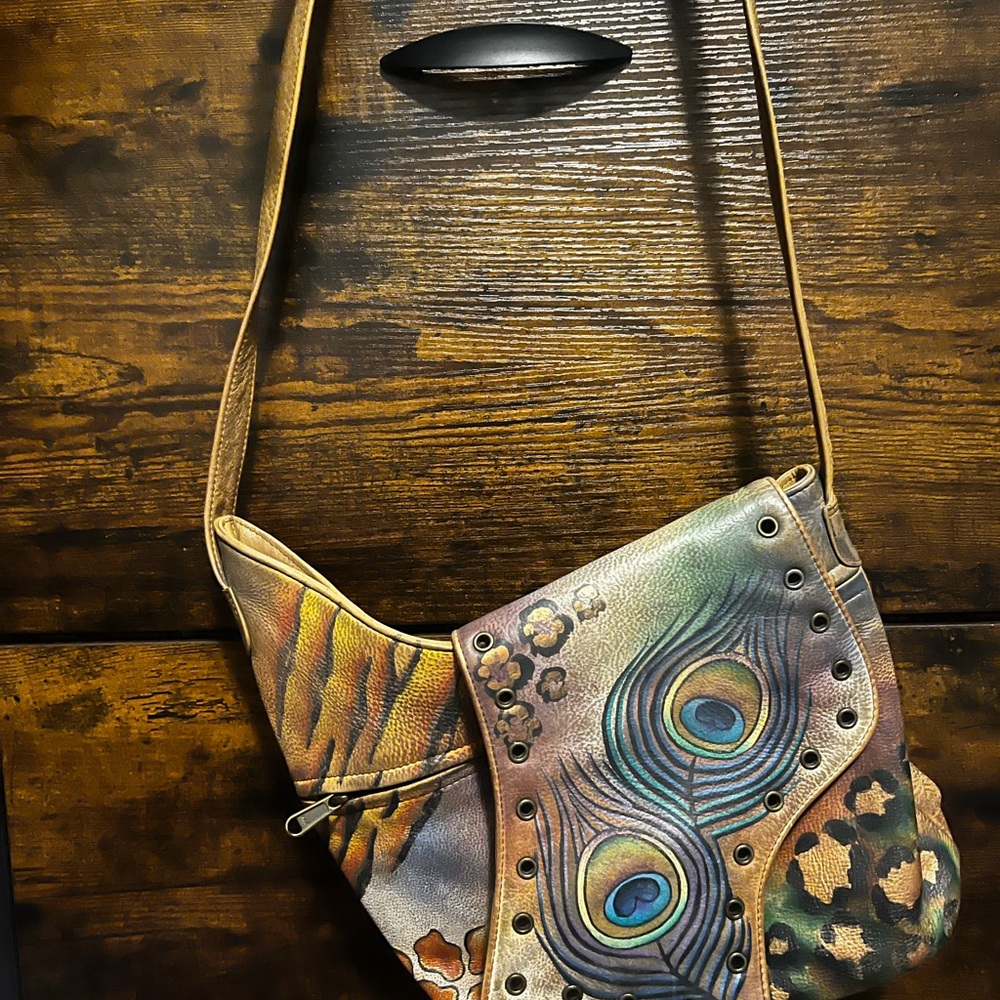 Anuschka Hand Painted Leather Premium Peacock Safari Crossbody Bag